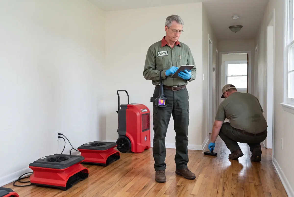 Technician logging moisture readings on a tablet in a room with a dehumidifier and air movers