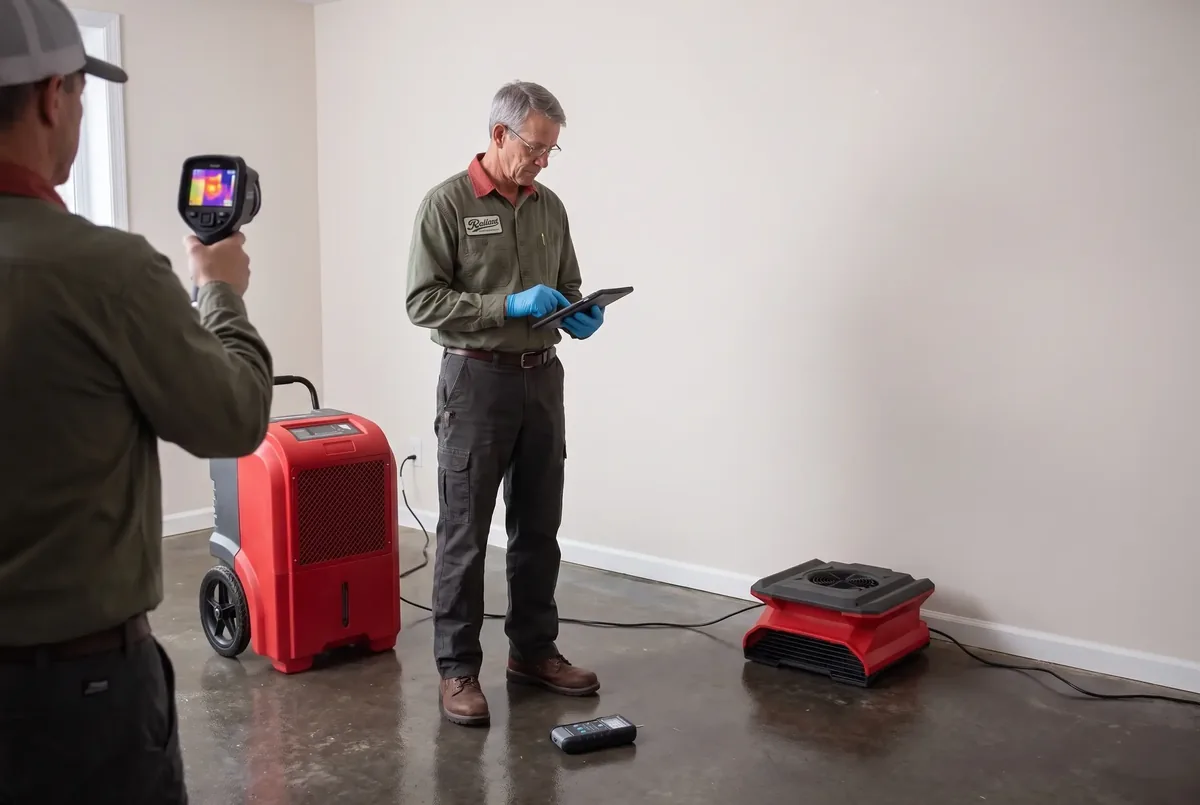 Technician with a tablet beside a dehumidifier while a second technician scans with a thermal camera